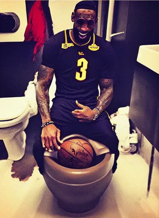 Image similar to instagram photo of lebron james stuck in a toilet, bad quality, shaky camera, funny