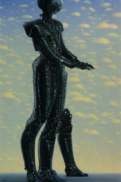 Image similar to full body portrait of beautiful gothic and futuristic fashion model, elegant space armour, cyber armour, highly detailed, artstation, illustration, composition, 8 k quality, art by jean delville, rene magritte, hyperrealism oil painting