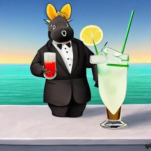 Prompt: hyperrealism, waiter donkey wearing a tuxedo, coming from an iceberg, drinking an ((((ice cocktail)))) with a cherry on top of the cocktail, epic fantasy style art