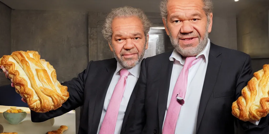 Prompt: alan sugar with really long arms holding some pastry pets