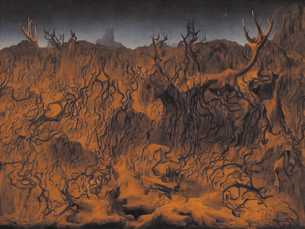 Prompt: Portrait of strange humanoid animal with antlers, snout, moth wings, mat antennae entering the toxic, phosphorescent river flowing from the factory. Apocaliptic skies. The glowing rock in the lithium desert. Painting by Jan van Eyck, Rene Magritte, Jean Delville, Max Ernst, Beksinski