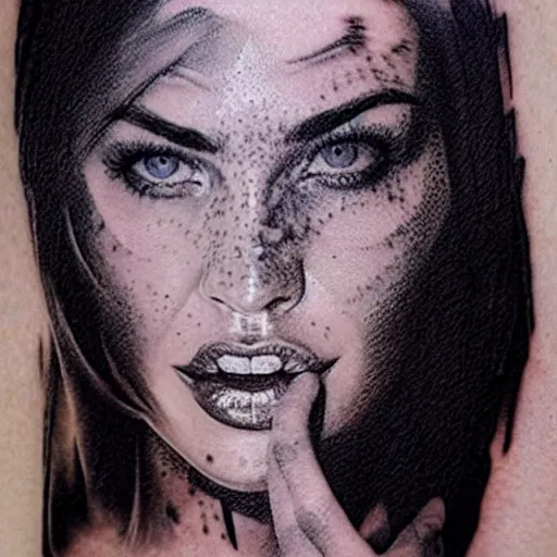 Image similar to realistic tattoo sketch of megan fox face double exposure effect with a mountain scenery, in the style of matteo pasqualin, amazing detail, sharp