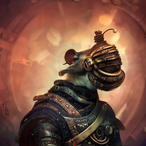 Image similar to rat warrior with steampunk goggles, clockwork, octane render, epic, cinematic, psychedelic, lsd, by ruan jia