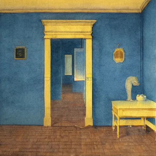 Image similar to close up of a chimera in a blue and gold haunted liminal abandoned room, watercolor by victo ngai, by hammershøi, art noveau, highly detailed, lights by edward hopper, liminal, eerie, bright pastel colors