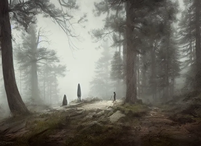 Prompt: A hooded figure aproaching an old temple in a forest, foggy, Ivan Shishkin and Greg Rutkowski