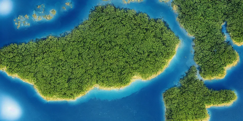 Prompt: National Geographic photograph of large forested islands. Ocean in the foreground. Realistic.