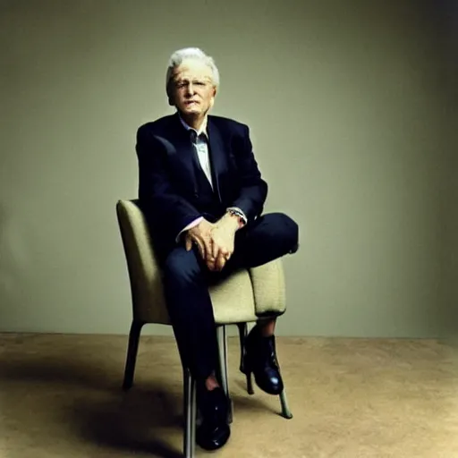 Image similar to charismatic, wise man, sitting on a chair, photo for vogue by annie liebovitz