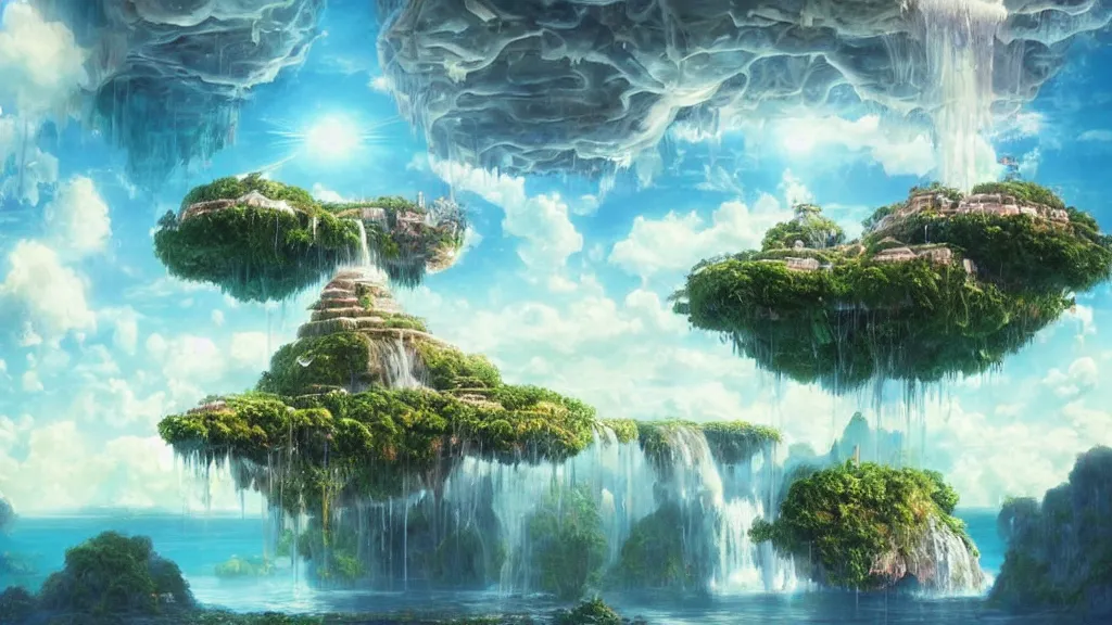 Image similar to floating islands with waterfalls connecting each other whimsical surrealism, based on child's drawing, lsd trip, dream recording, deep - space imaging fantastical setting isometric view octane render, art by salvador dali, greg rutkowski studio ghibli