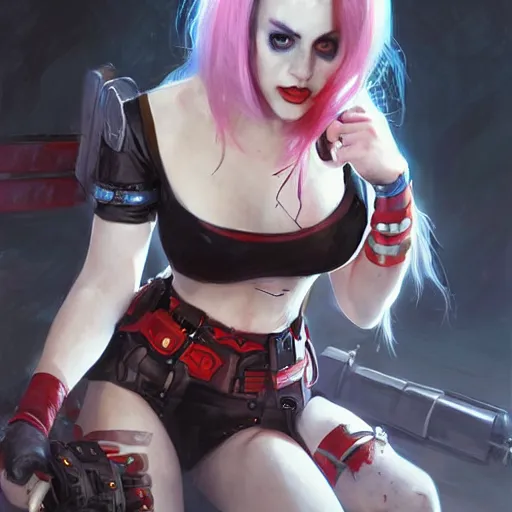 Image similar to portrait of Harley Quinn in bikini armor, dc comics, cyberpunk, Warhammer 40000, dark fantasy, digital art from artstation by Ruan Jia and Mandy Jurgens and Artgerm and william-adolphe bouguereau
