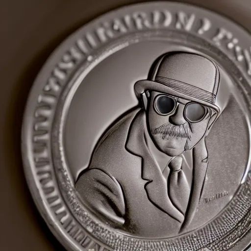 Image similar to A photograph of a chocolate coin that is engraved with a portrait of leon redbone, highly detailed, close-up product photo, depth of field, sharp focus