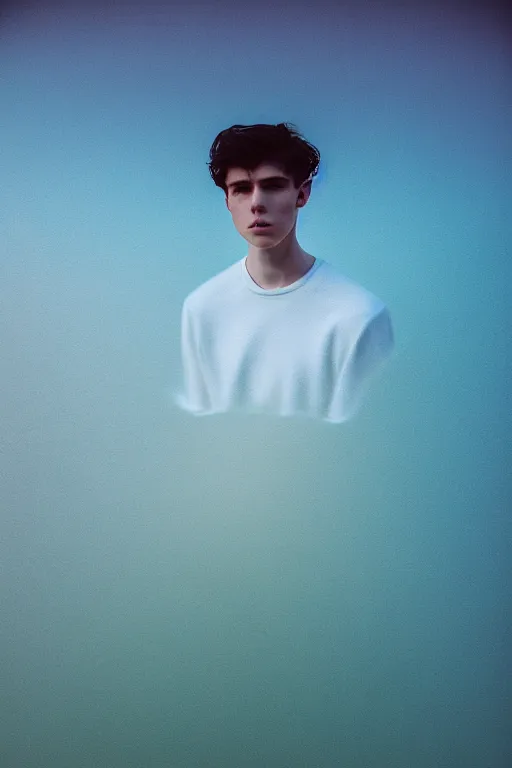 Image similar to high quality pastel coloured film mid angle docu photograph of a beautiful young 2 0 year old male, soft features, short black hair, resting in an icelandic black rock environment. atmospheric. three point light. photographic. art directed. ( pastel colours ). volumetric light. clearcoat. waves glitch. 8 k. filmic.