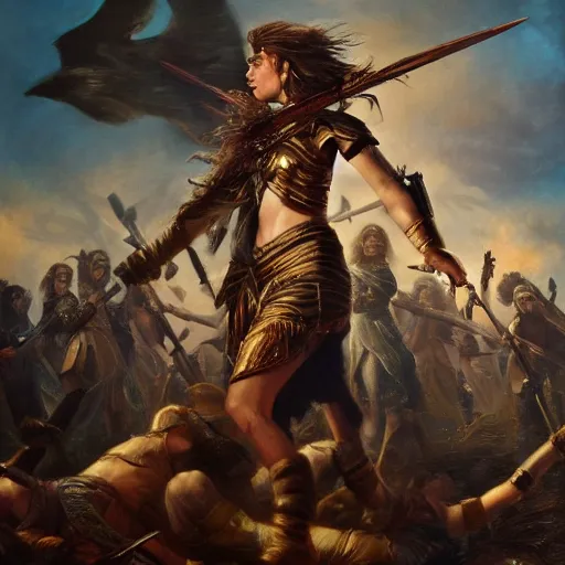 Image similar to the goddesses fraya going to war with her army, oil painting, golden hour, 8 k uhd, high detail, awe - inspiring.