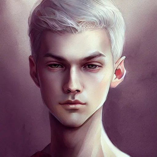 Prompt: young boy, white hair, gorgeous, amazing, delicate, elegant, intricate, highly detailed, watercolor, portrait, artstation, concept art, sharp focus, illustration, art by charlie bowater and ross tran