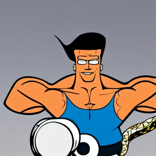 Prompt: Johnny Bravo lifting paints, the weights are snakes