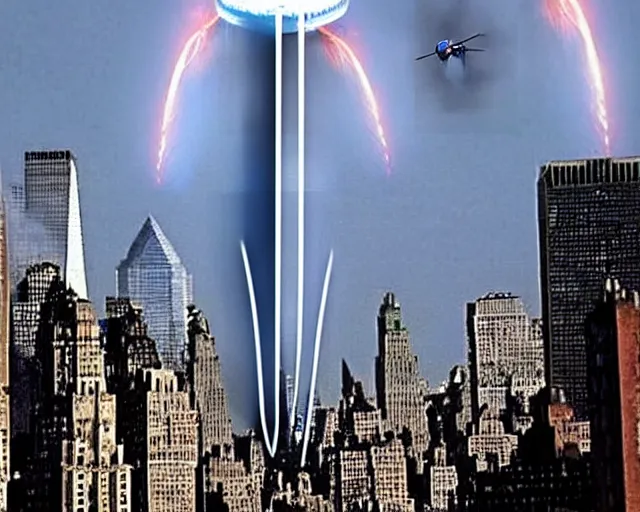 Image similar to [alien invasion] ufo footage spotted at new york city. there is explosions all over the city. 9/11 inspired. archangel invasion.