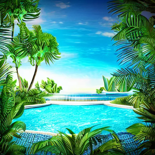 Prompt: tropical pool, vaporwave, realistic