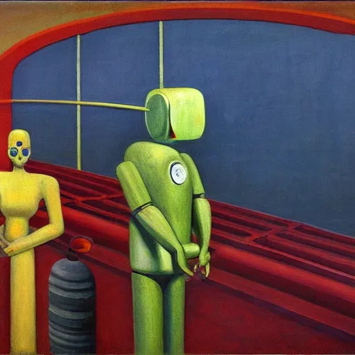 Image similar to robot overlords, grant wood, pj crook, edward hopper, oil on canvas