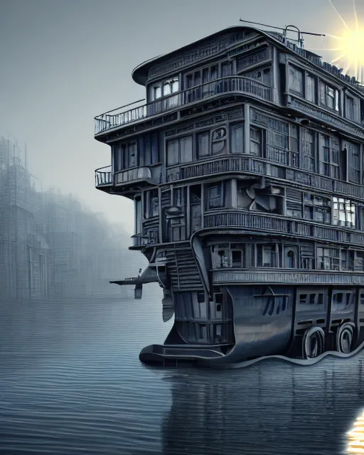 Image similar to a beautiful ultradetailed highly detailed city industrial architecture unfinished building houseboat by georgia o'keeffe, morning sun futuristic otherworldly sea dieselpunk, archdaily, wallpaper, highly detailed, trending on artstation.