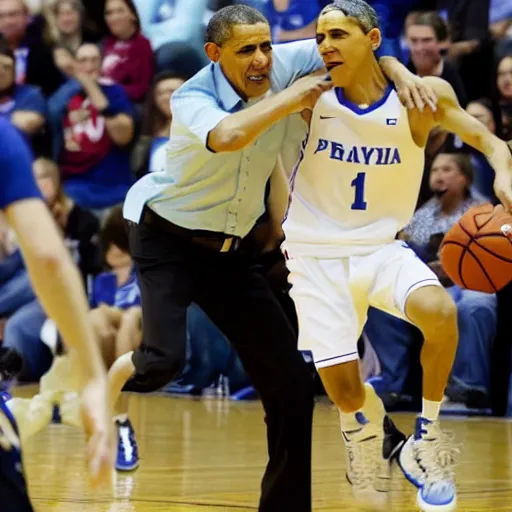 Image similar to Grayson Allen tripping President Obama during a basketball game