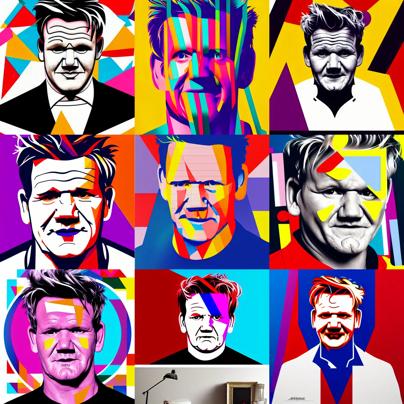 Prompt: A portrait of Gordon Ramsay, geometric shapes, rounded corners, candy colors, spray paint, bold graphics. geometric art