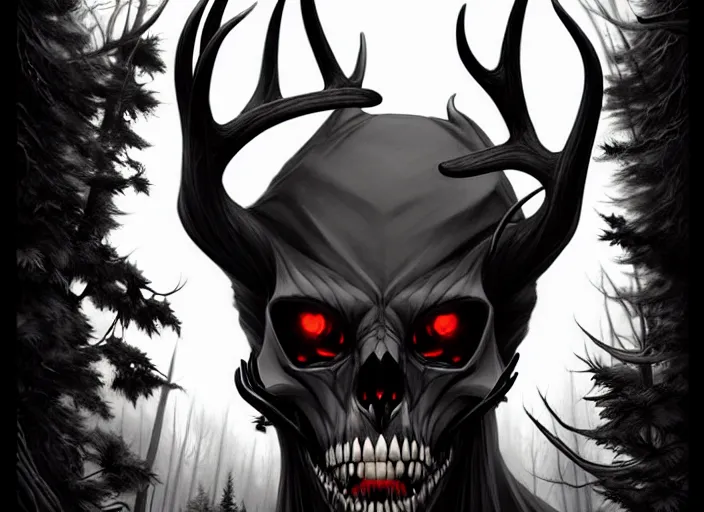 Image similar to style artgerm, joshua middleton, diego fazio, j. c. leyendecker : : scary wendigo with antlers and skull face mixed with werewolf : : [ beautiful witch wearing a black dress, symmetrical face, on the right side ] : : in the forest, detailed, dark and foggy, cinematic lighting