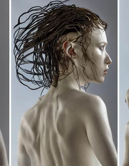 Image similar to still frame from Prometheus movie by Makoto Aida, hybrid dryad by Iris van Herpen painted by Caravaggio and by Yoshitaka Amano by Yumihiko Amano by Makoto Aida