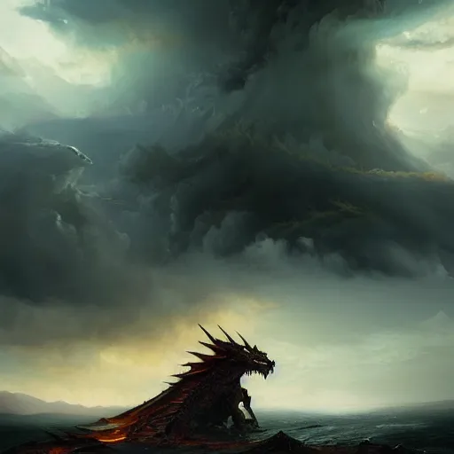 Image similar to concept art, of a giant dragon made of dark clouds, thunderstom, rain, medieval, dark concept art, dark skies painting by wlop, nixeu and greg rutkowski, beautiful, semirealism, artstation, octane render, oil painting, sharpness, 8 k, golden ratio