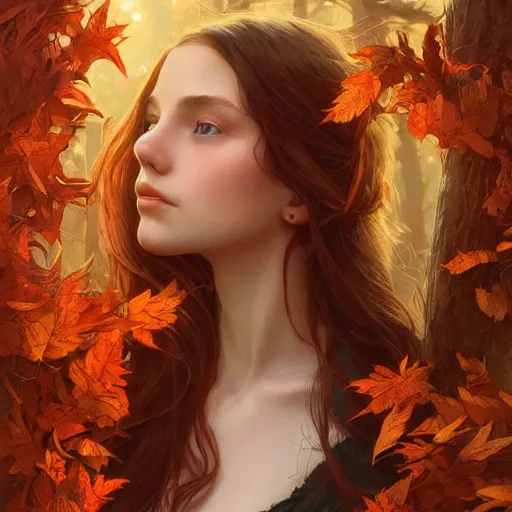 Image similar to girl with super long hair, hair becoming autumn red leaves, intricate, highly detailed, digital painting, artstation, concept art, smooth, sharp focus, illustration, unreal engine 5, 8 k, art by artgerm and greg rutkowski and alphonse mucha