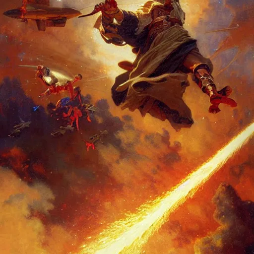 Image similar to stunning male master wizard destroying aircraft by his fire spell, highly detailed painting by gaston bussiere, craig mullins, j. c. leyendecker, 8 k