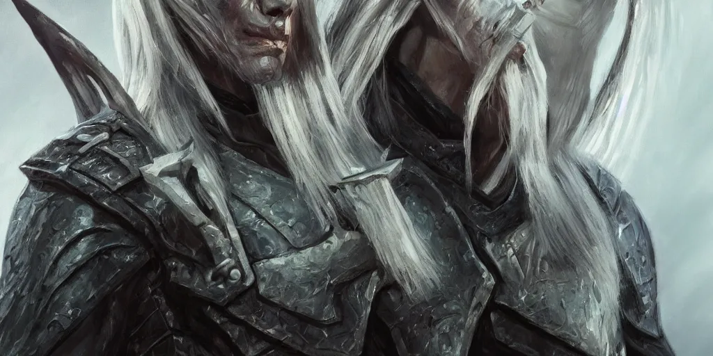 Image similar to realistic drizzt du orden the dark elf by r. a. salvatore portrait, trending on artstation, low angle oil painting and composition laws, cinematic lighting, hyperdetailed, artstation, cgsociety, 8 k