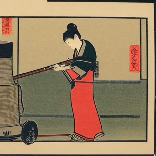 Image similar to japanese woodblock print of a vacuum cleaner