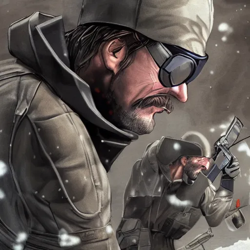 Image similar to Solid Snake from MGS and Gordon Freeman from Half-Life melee fight against each other on an abandoned military base, winter, very detailed, hyper realism, epic, close-up fight, digital art, concept art, illustration, artstation, cgi, 4k