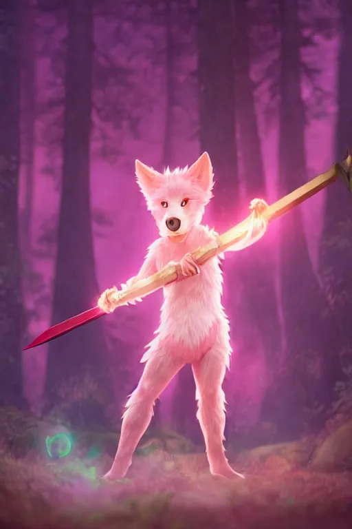 Prompt: a beautiful fullbody portrait of a cute male boy with pink hair and pink wolf ears and tail, wearing a cool outfit, barefoot, wielding a sword in battle position, in a forest, at night. volumetric light, detailed, photorealistic, fantasy, rendered in octane