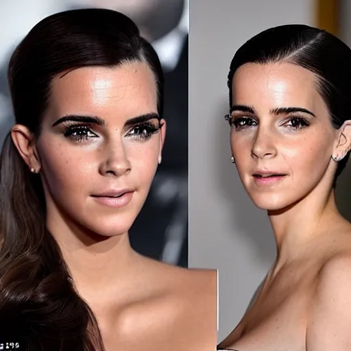 Prompt: a woman who is a genetic combination of kim kardashian and emma watson face and upper - body focus