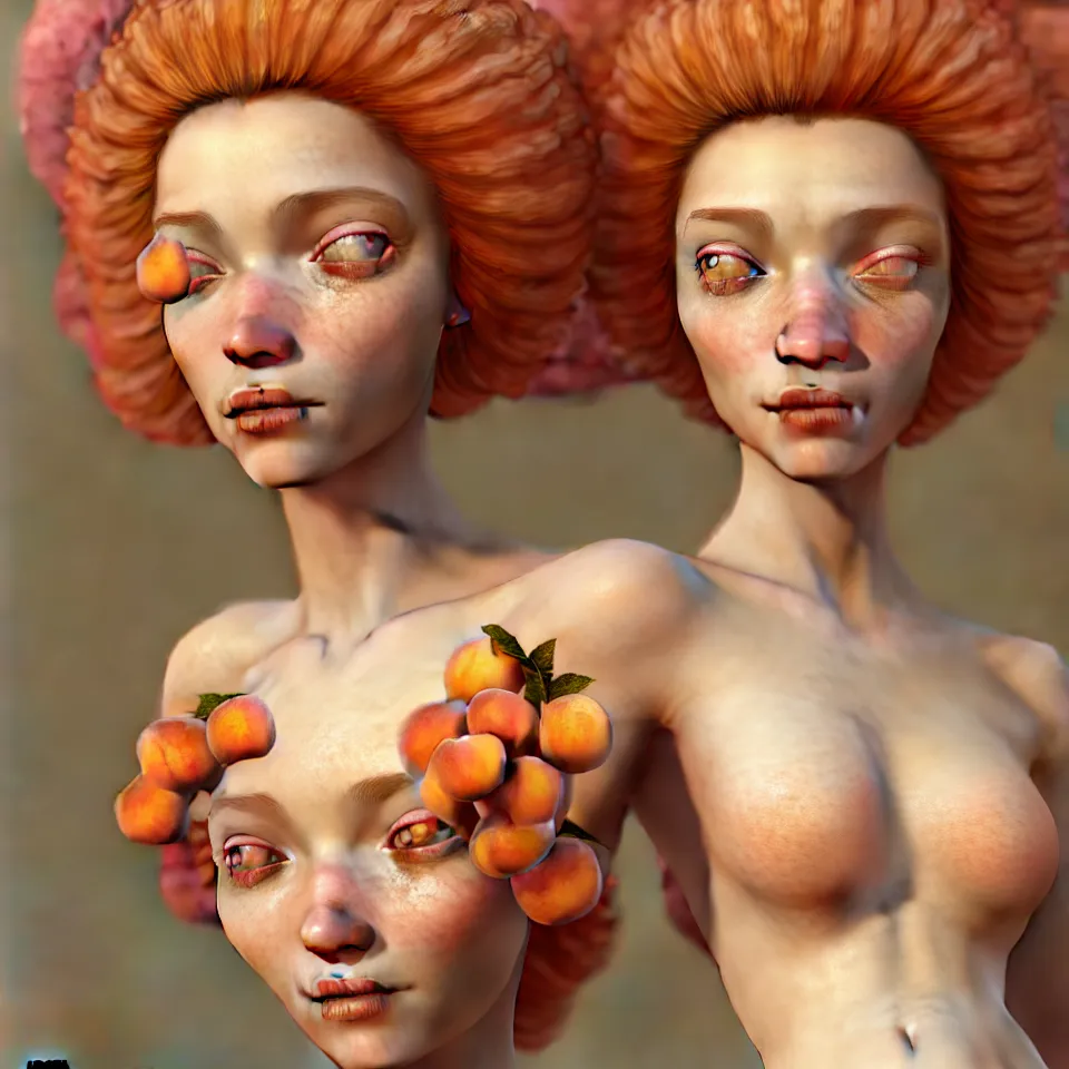 Prompt: A portrait of joyful Queen of peach fruits fairies, skin made of pale human skin. Soft details. Wide angle. clear eyes. Octane Render. art nouveau. 4k. 8k. UHD. Detailed. Trending on artstation. Bokeh.