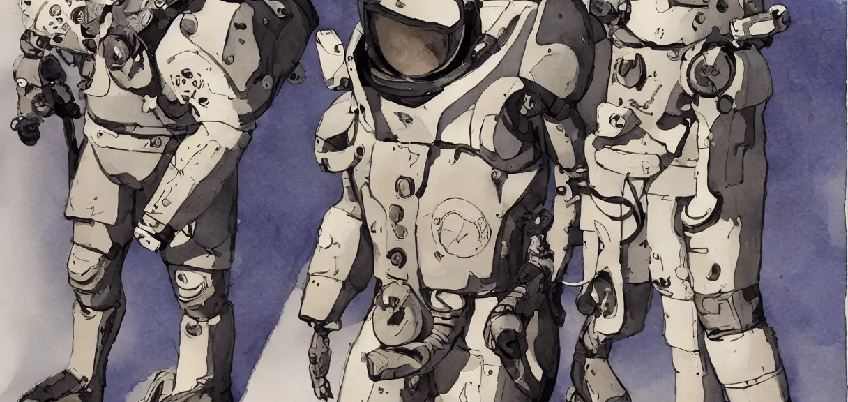 Image similar to male, full body!!!!!!, space suit with a modern helmet, large shoulders, short torso, long thin legs, tiny feet, character sheet, science fiction, very stylized character design, hyperdetailed, watercolor digital painting, by mike mignola, by alex maleev, jean giraud, painted by leyendecker