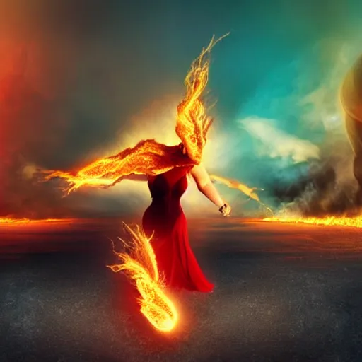 Image similar to a woman on fire, city on fire, giant, photoshop, sci - fi, creative and cool, photo manipulation, in another planet