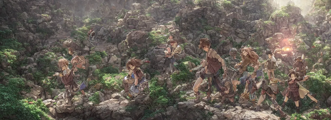 Image similar to standing and waiting just means we'll be showered by more boulders. get ready on the double! hyperrealistic anime illustration by iralki nadar, extremely detailed, intricate linework, super sharp focus, bright colors, octopath traveler, studio ghibli, unreal engine 5 highly rendered, global illumination, radiant light, detailed and intricate environment