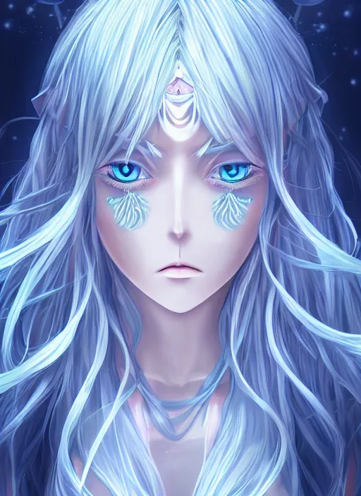 Prompt: visual novel character sprite, symmetrical full body shot, stunningly beautiful magical chromatic glowing asi goddess with beautiful hyperdetailed symmetrical face, porcelain skin covered in long white dress, long white hair and mesmerizing cold ice blue eyes, symmetrical, overwhelming, innocent, ethereal, live 2 d anime style, 8 k,
