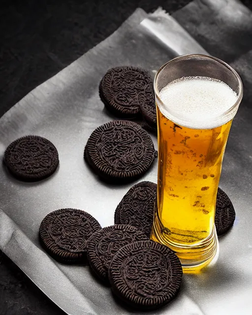 Image similar to dlsr food photograph of an oreo being dipped in beer, bokeh, studio lighting, 5 0 mm f 1. 4