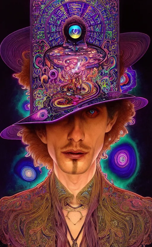 Image similar to An extremely psychedelic celestial undertaker in his black fedora hat, colorful, surreal, dramatic lighting, magic mushrooms, psilocybin, LSD, face, detailed, intricate, elegant, highly detailed, digital painting, artstation, concept art, smooth, sharp focus, illustration, art by Krenz Cushart and Artem Demura and alphonse mucha