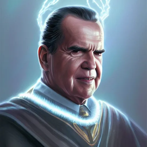 Prompt: glorious full head portrait of Richard Nixon as Thor, fantasy, intricate, elegant, digital painting, trending on artstation, concept art, sharp focus, illustration by Greg Rutkowski, Artgerm, 4k.