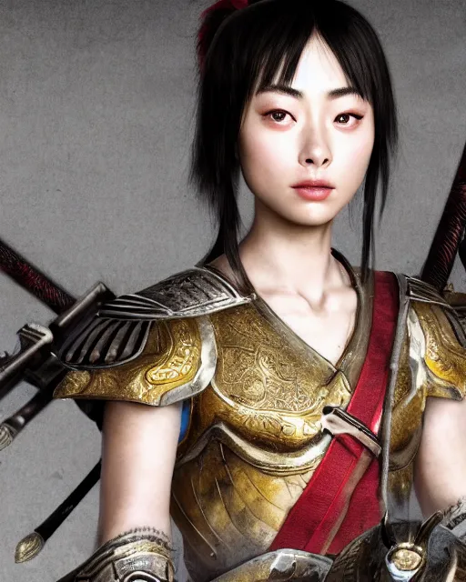 Image similar to suzu hirose as chinese warrior princess at the battle of helms deep, background: battle scene, clear makeup, clean hair, dry skin, clear skin, airbrushed, bright eye makeup, warrior body, photo by mario testino, 8k octane render, cinematic, hyper detailed, micro details, insanely detailed, trending on artstation, concept art