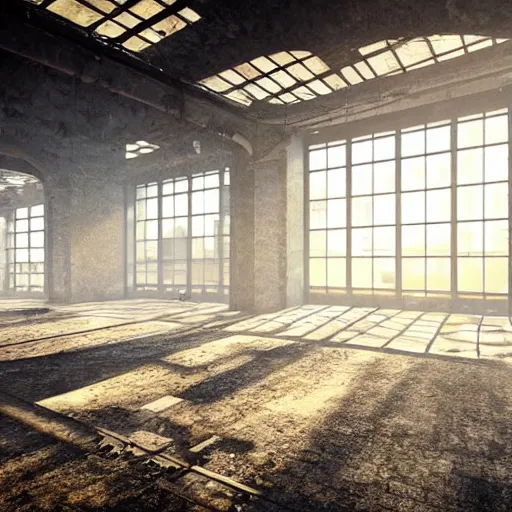 Prompt: abandoned industrial factory interior, sunlight filtering through windows, digital art, trending on artstation