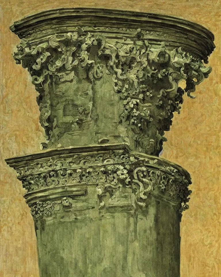 Image similar to achingly beautiful painting of intricate ancient roman corinthian capital on olive drab background by rene magritte, monet, and turner. giovanni battista piranesi.