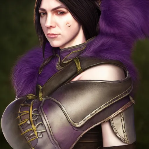 Prompt: anya charlota as a medieval fantasy tolkien elf, dark purplish hair tucked behind ears, wearing leather with a fur lined collar, wide, muscular build, scar across the nose, one black, scaled arm, cinematic, character art, digital art, realistic. 8 k, detailed.