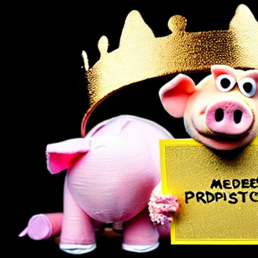 Image similar to studio photograph of a pig wearing a gold crown depicted as a muppet holding a protest sign