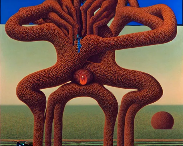 Image similar to tangled hierarchies by Magritte, Beksinski, and Keith Haring