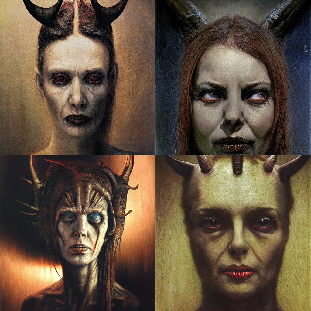 Prompt: portrait of diane neal with devil horns, dark lighting, scary painting, beksinski, h. r. giger, digital art