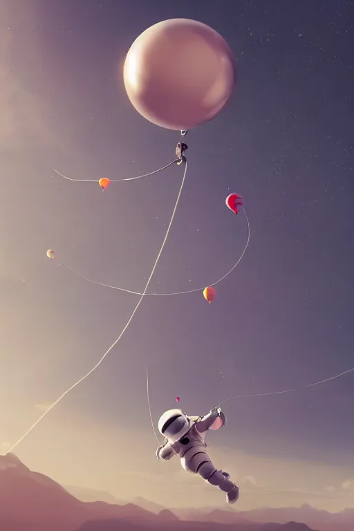 Prompt: concept art of an astronaut floating up grabbing balloon threads, sharp focus, realism, over a beautiful landscape, photography, artstation, 4 k, 8 k